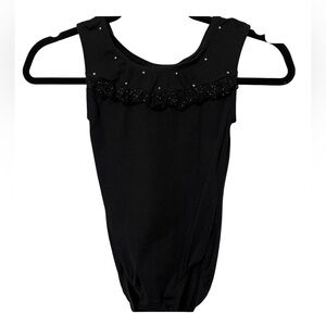 NWOT Jacques Moret black leotard with silver studs and lace ruffle 12/14